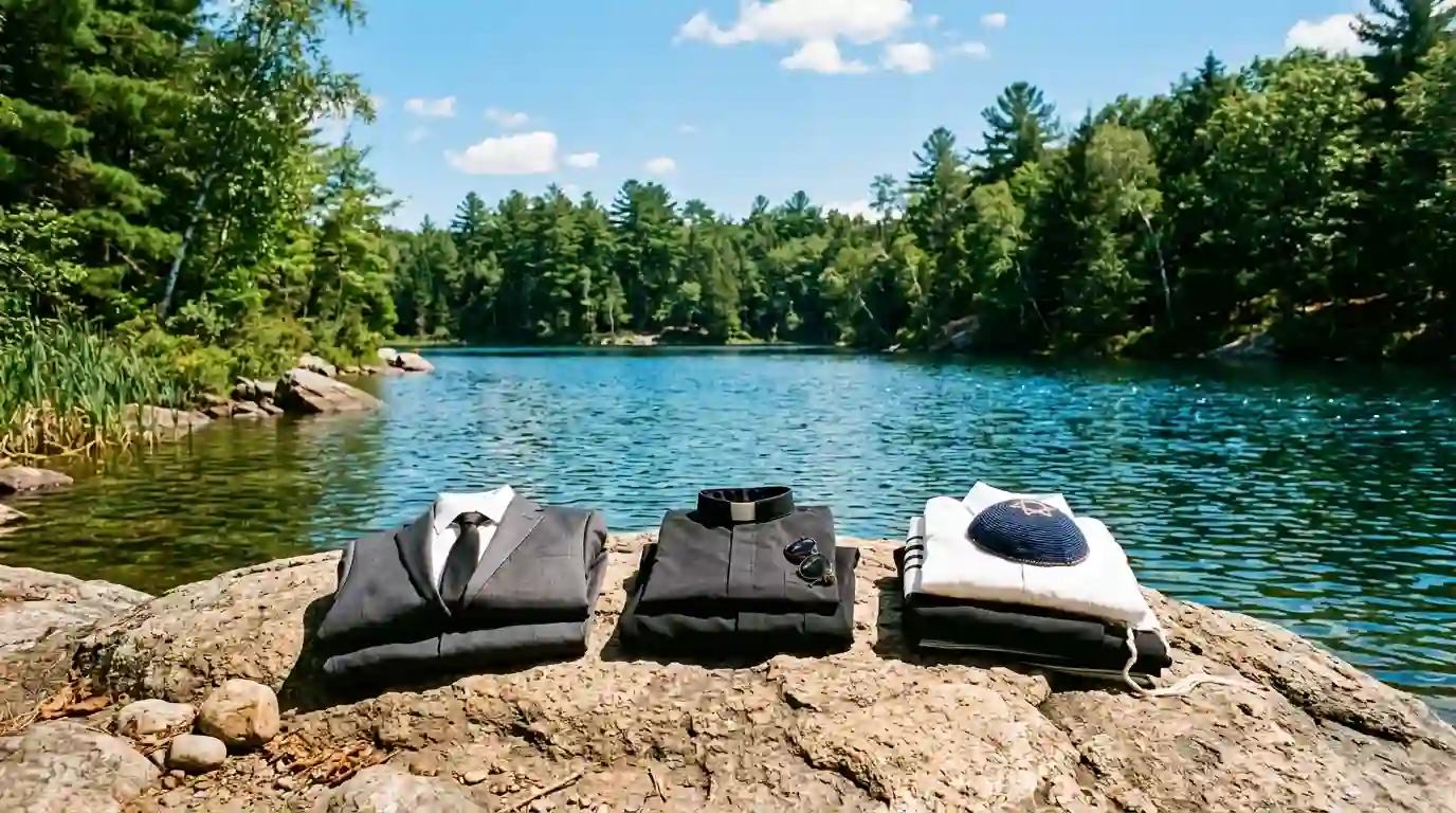 Piles of men's clothing resting on a rock by a beautiful, secluded forest lake.
