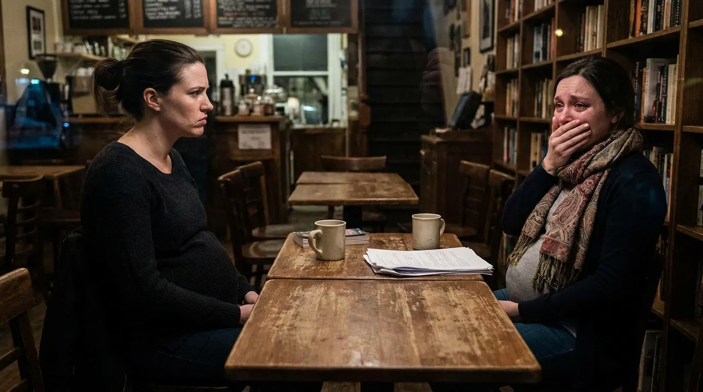 Two women sitting across from each other in a coffee shop looking at printed documents.