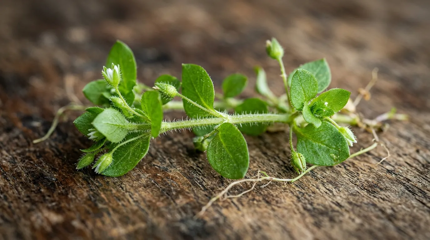 A close-up of a common green garden weed on a table