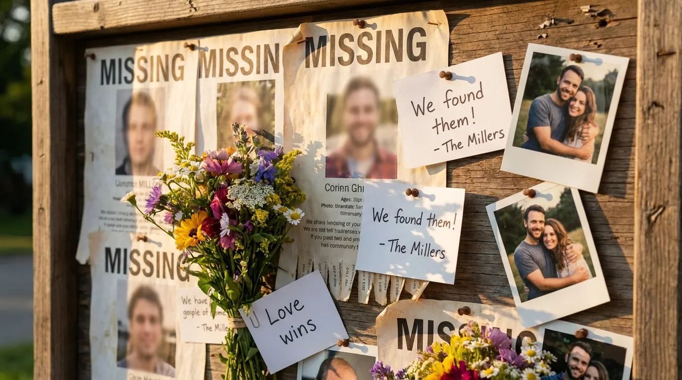 Community bulletin board covered in flowers and handwritten notes of remembrance