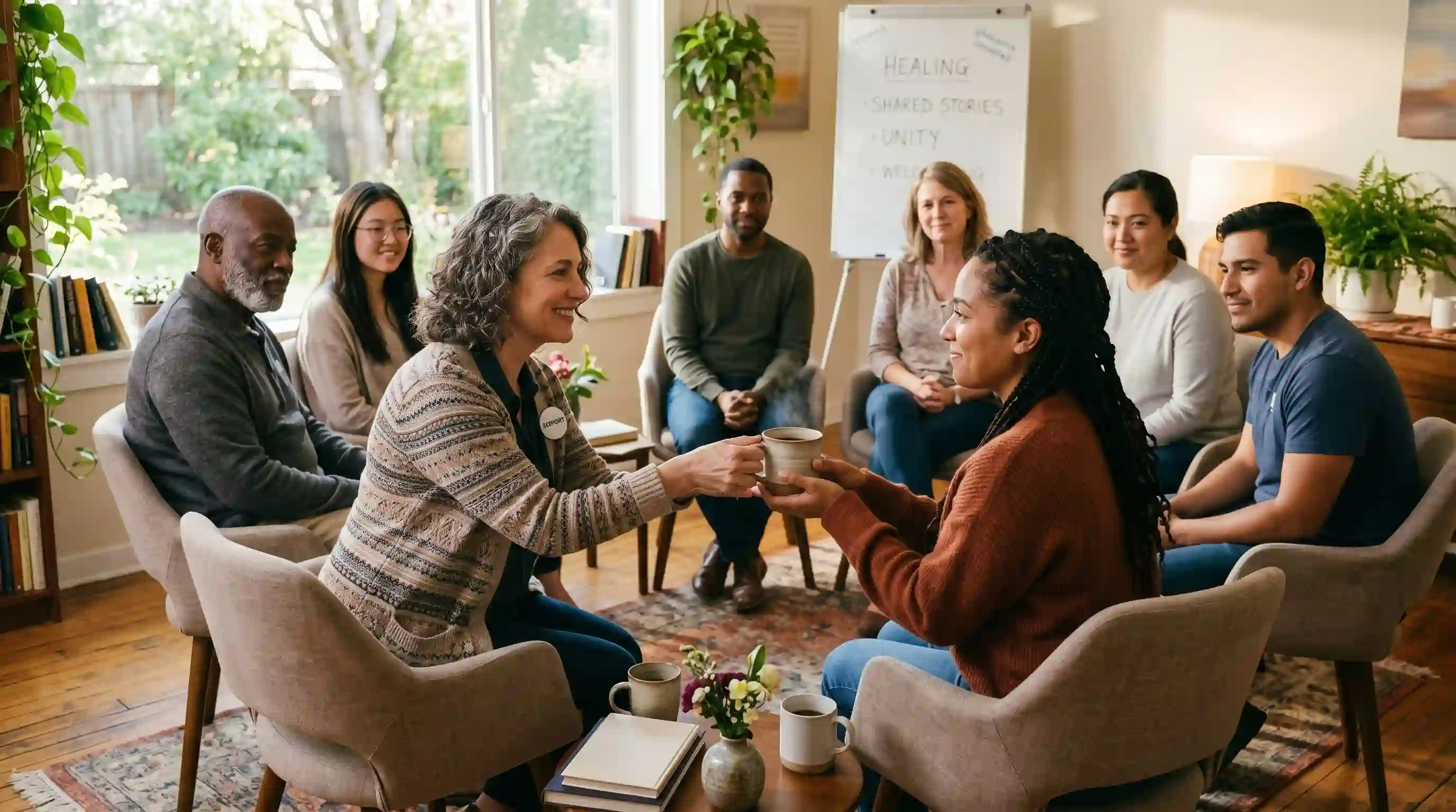 A diverse group of people sitting in a circle in a brightly lit room, offering compassionate support and listening to one another