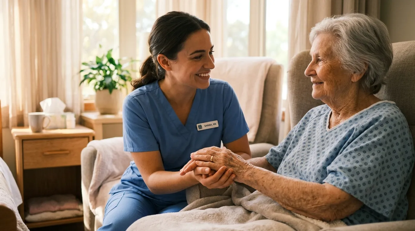 Close up of an empathetic nurse warmly holding an elderly patient's hand with care