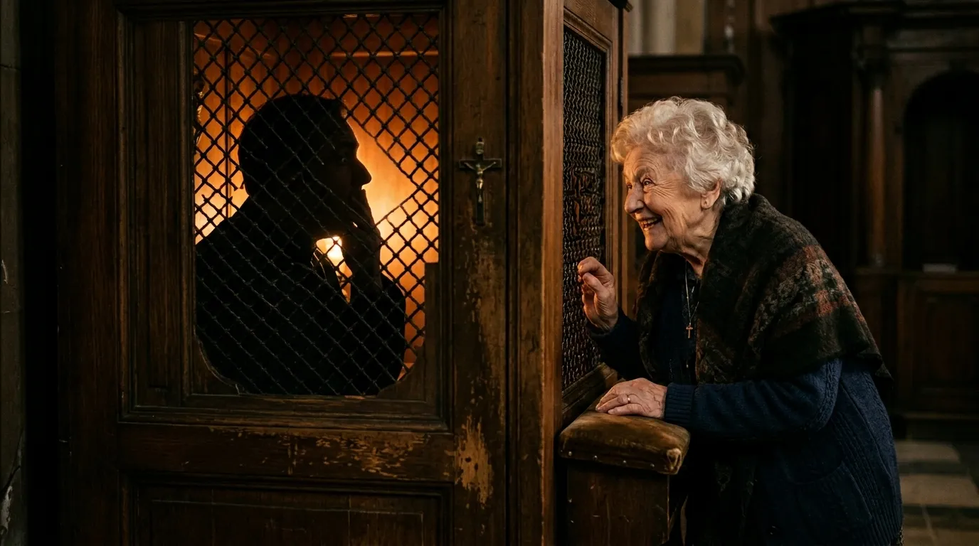 A shocked priest gripping the edge of the wooden confession booth.