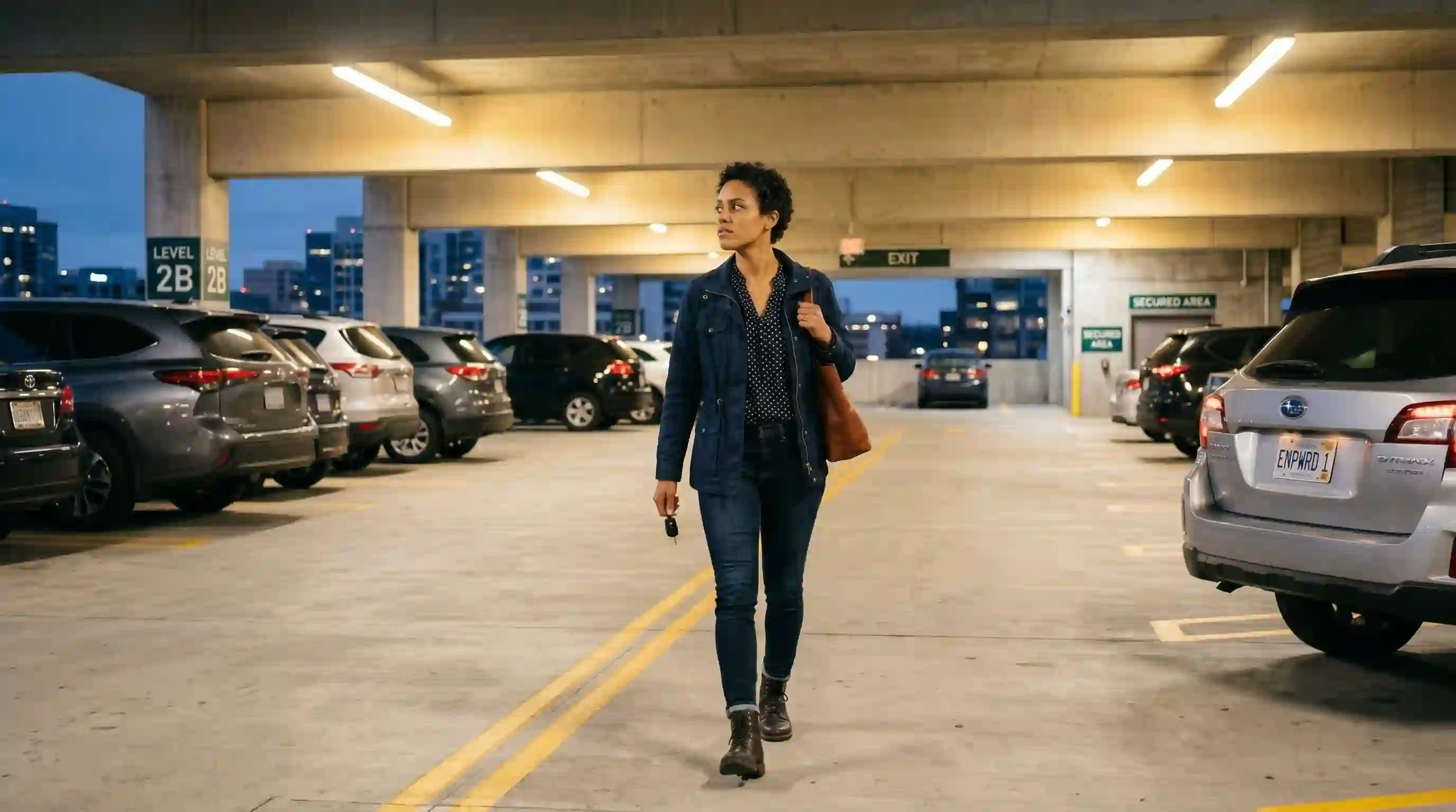 A confident person walking to their car in a well-lit parking lot, scanning their surroundings instead of looking at their phone