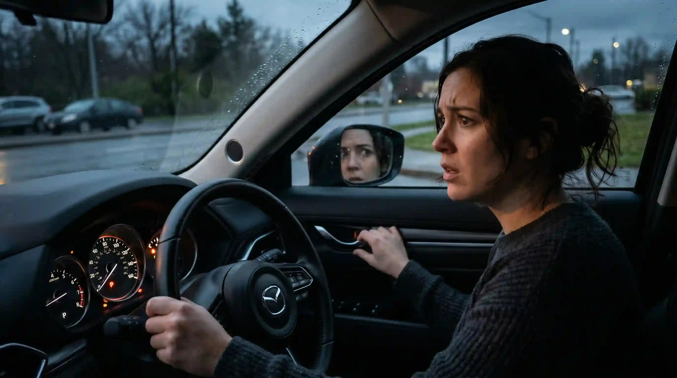 A driver looking confused and concerned in their car mirror, about to open the door
