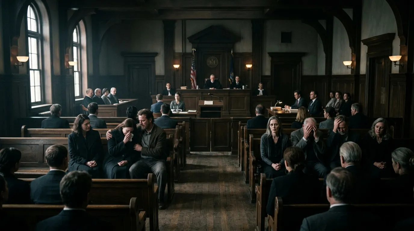Families sitting on opposite sides of a tense courtroom, separated by an aisle.