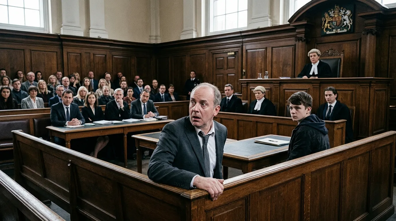 A tense courtroom scene where a man looks shocked at a teenager sitting behind him