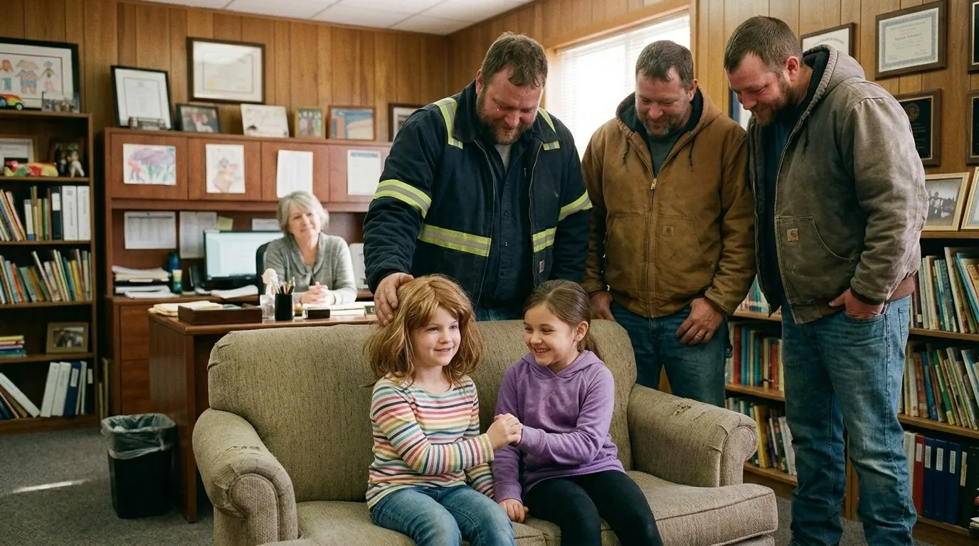 Construction workers standing behind two pre-teen girls smiling in a school office