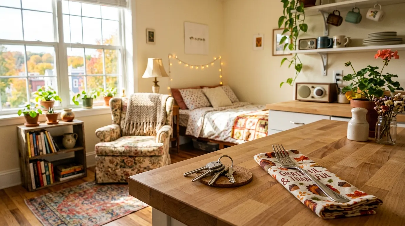 A set of keys and a single silver fork on a counter in a cozy studio apartment.