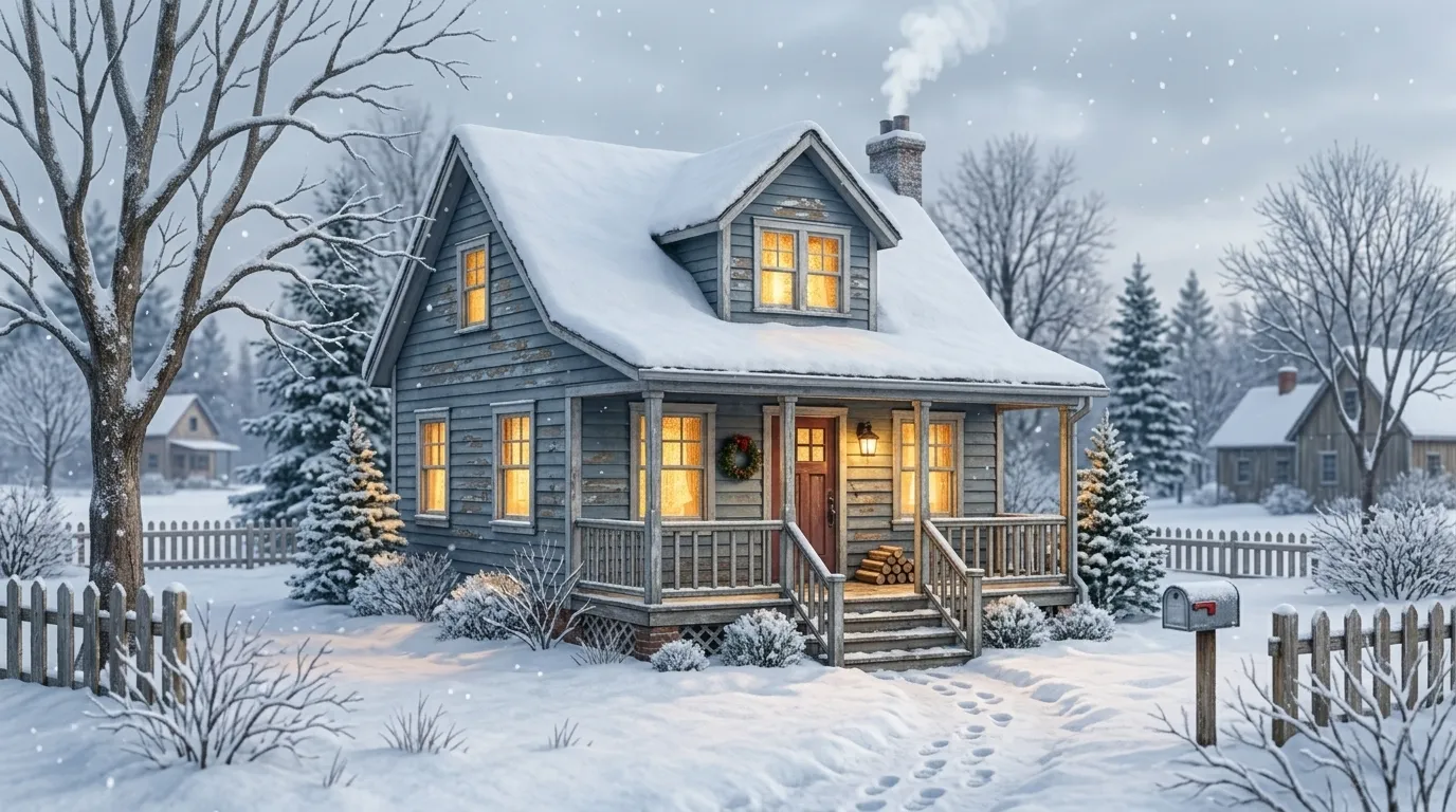 A cozy but slightly worn house in the winter snow with warm light in the windows