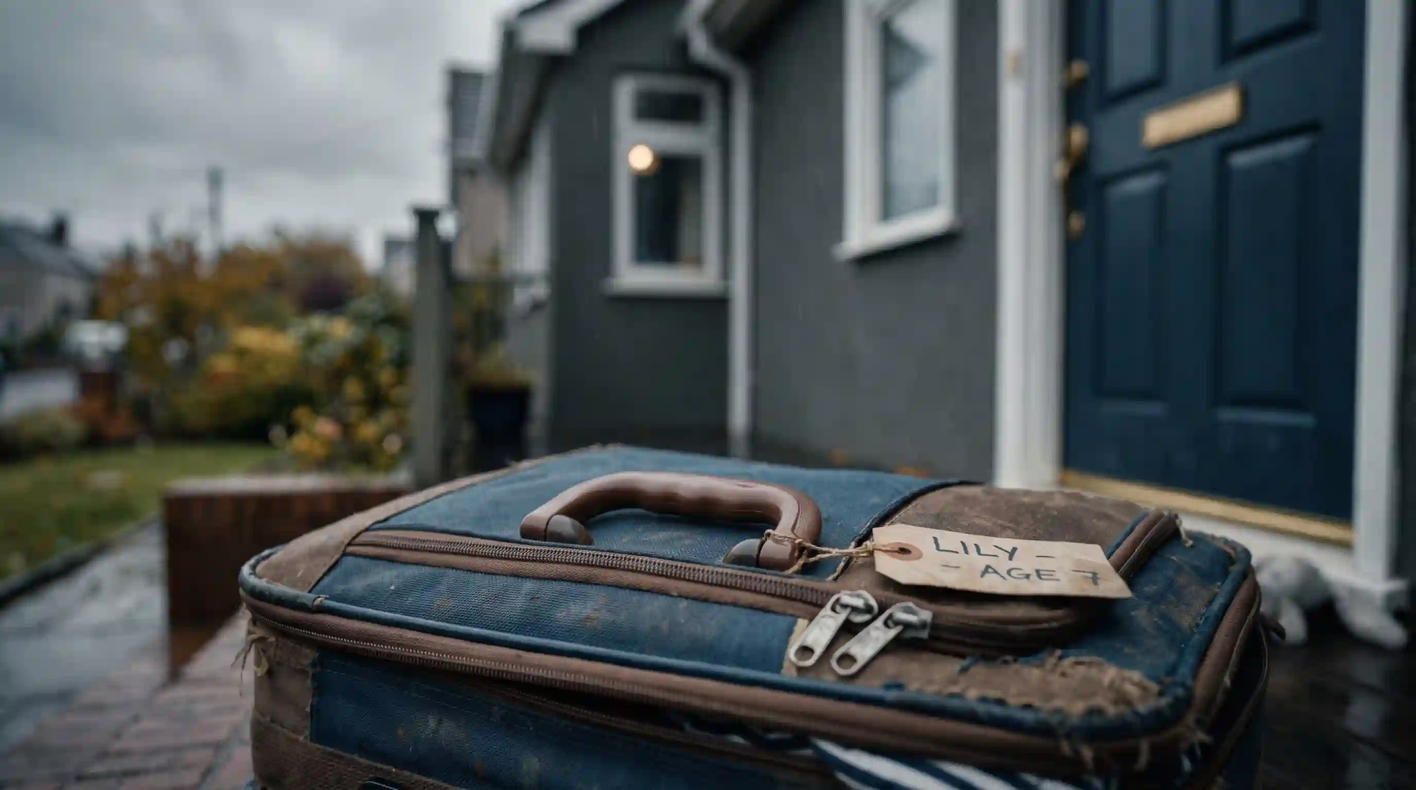 An 8-year-old boy standing on a porch with a small suitcase, crying.
