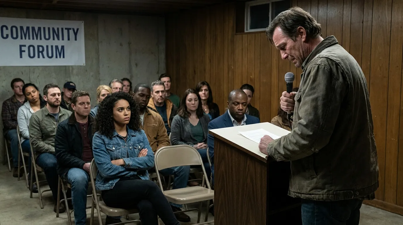Damon standing up in a church basement, confessing to the crowd.