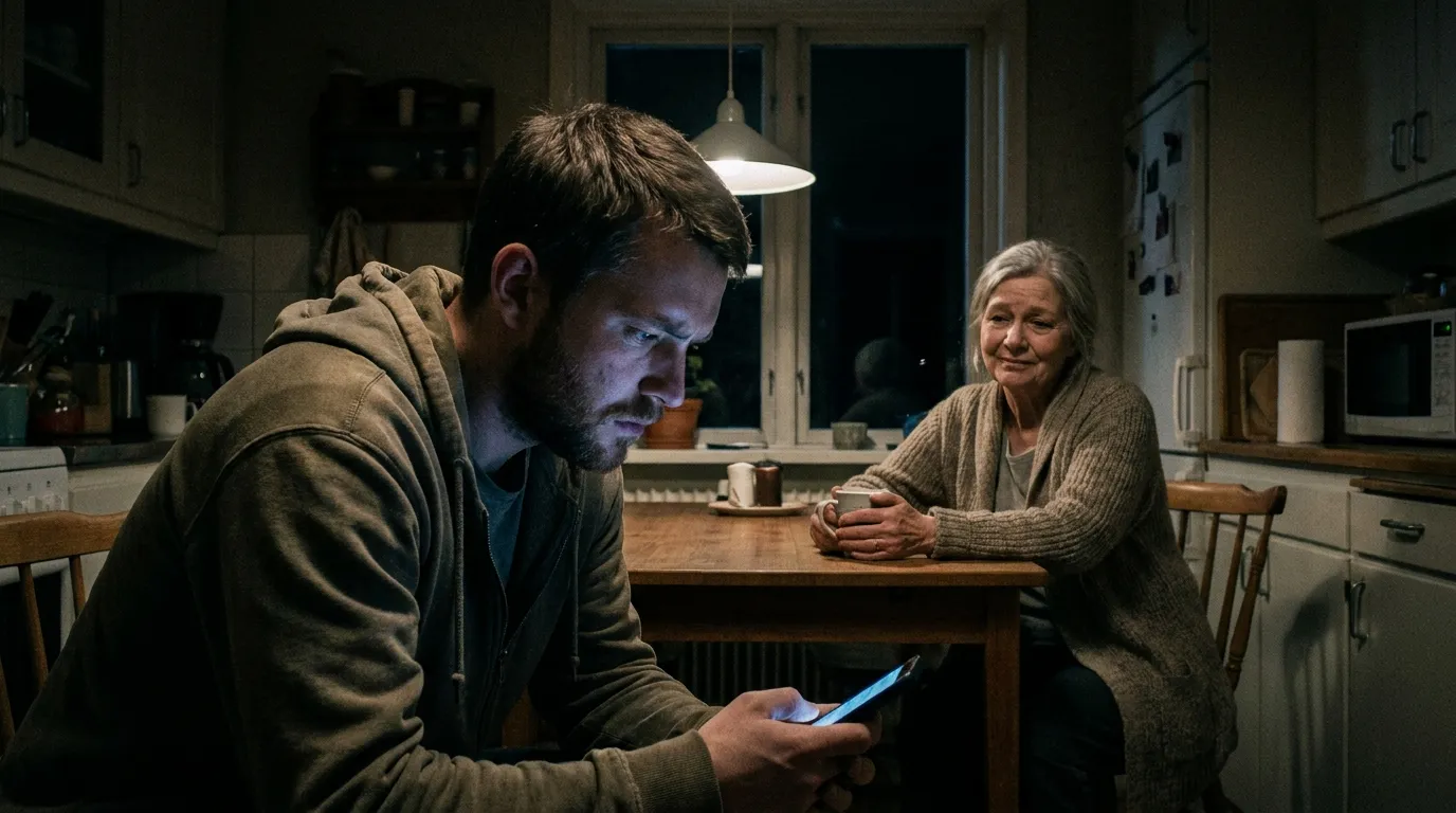Damon looking guilty at his phone in a dimly lit kitchen while Evie sits in the background.