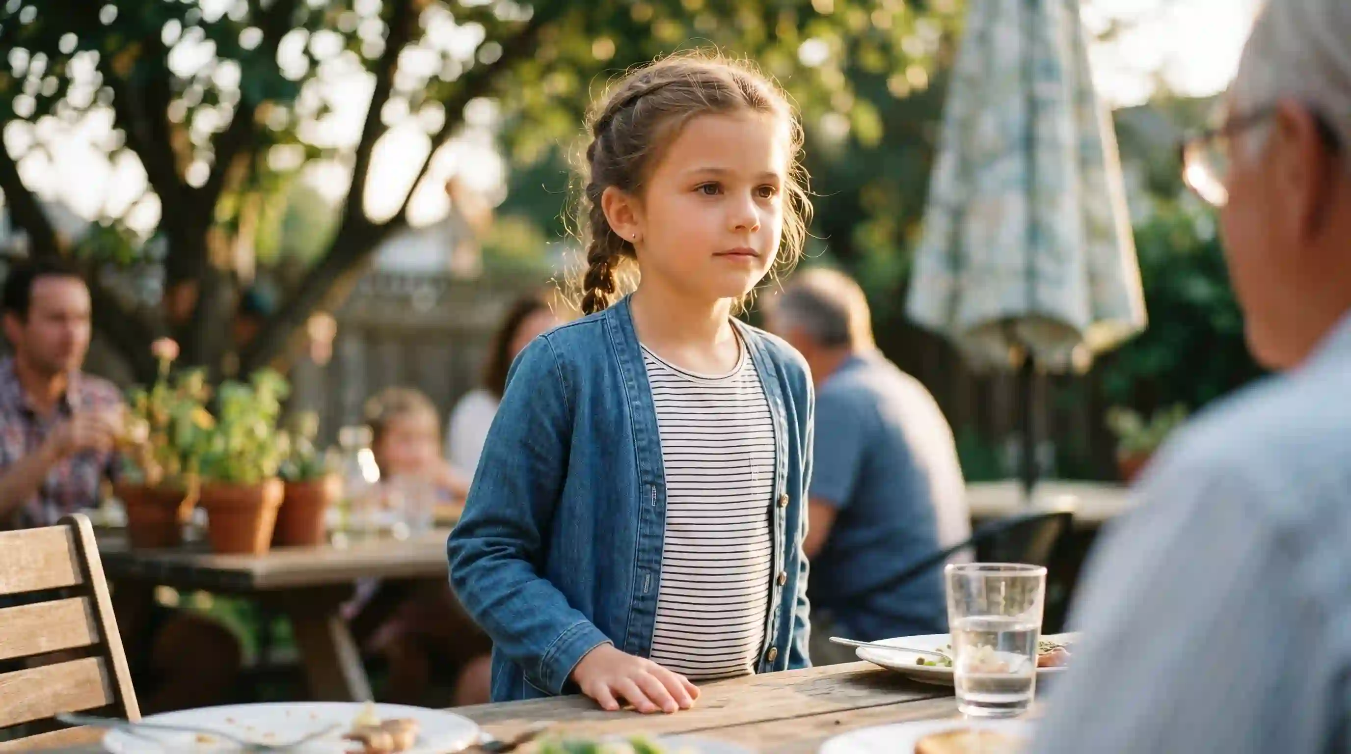 A confident 7-year-old girl standing up and speaking to her grandfather.