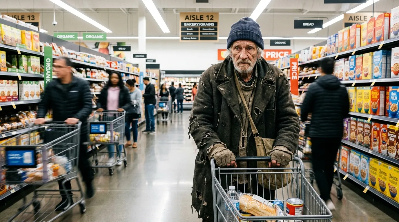 A 90-year-old man dressed in tattered clothes looking observant in a grocery aisle
