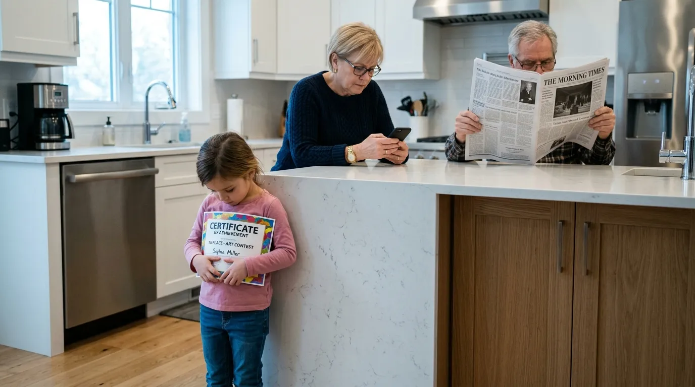 A little girl feeling ignored by her grandparents in a kitchen