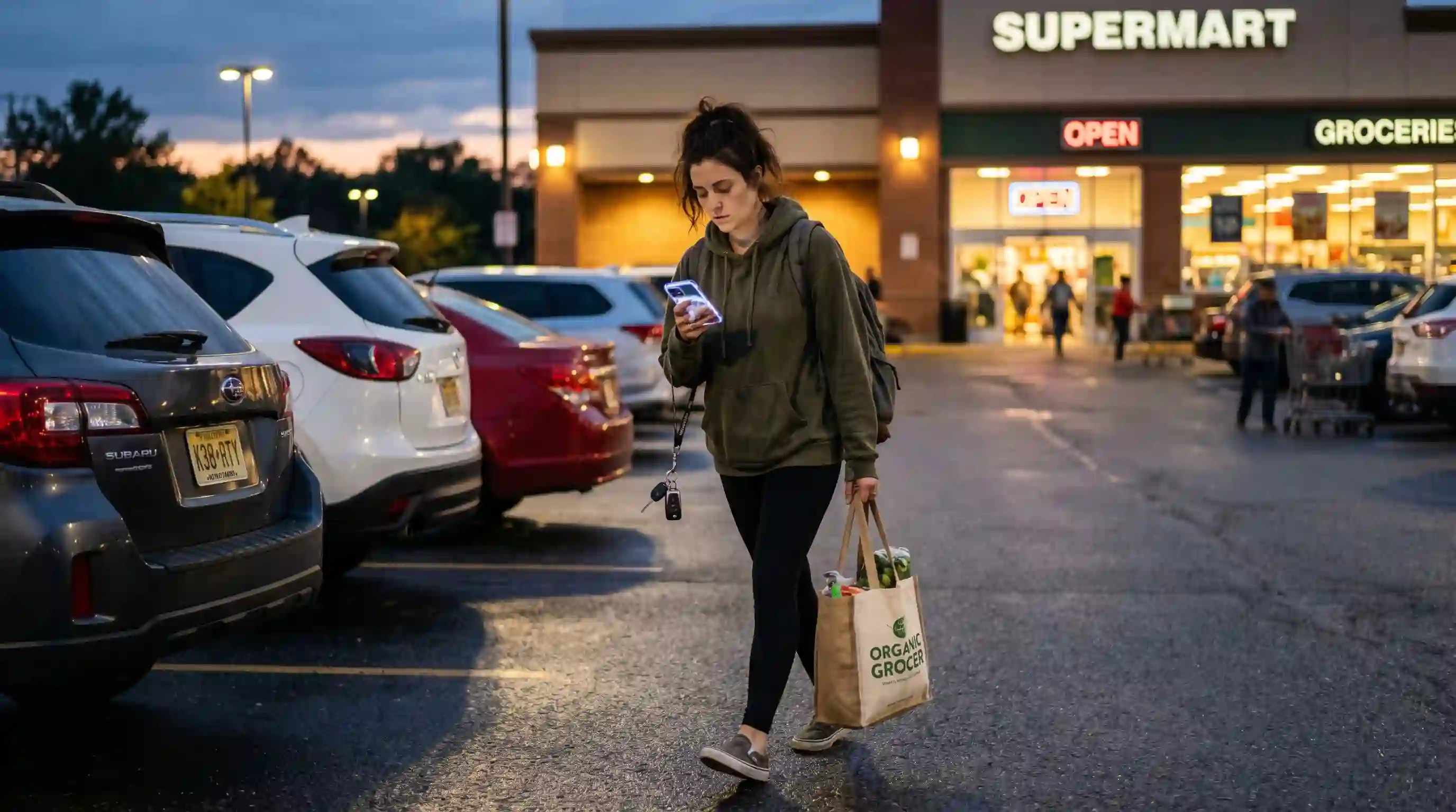 A distracted person walking to their car looking down at their phone