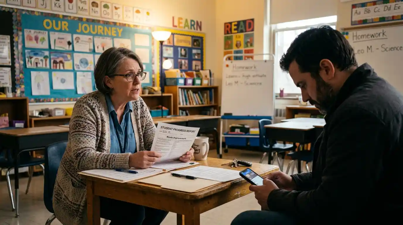 A stressed teacher looking at a distracted parent using a smartphone during a school conference