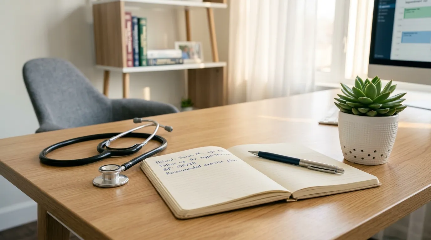 A neat doctor's desk featuring a stethoscope and a small plant, symbolizing a welcoming medical environment.
