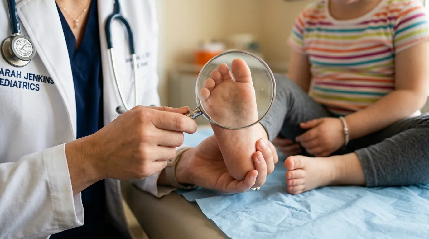 A friendly pediatrician examining a child's foot with a magnifying glass