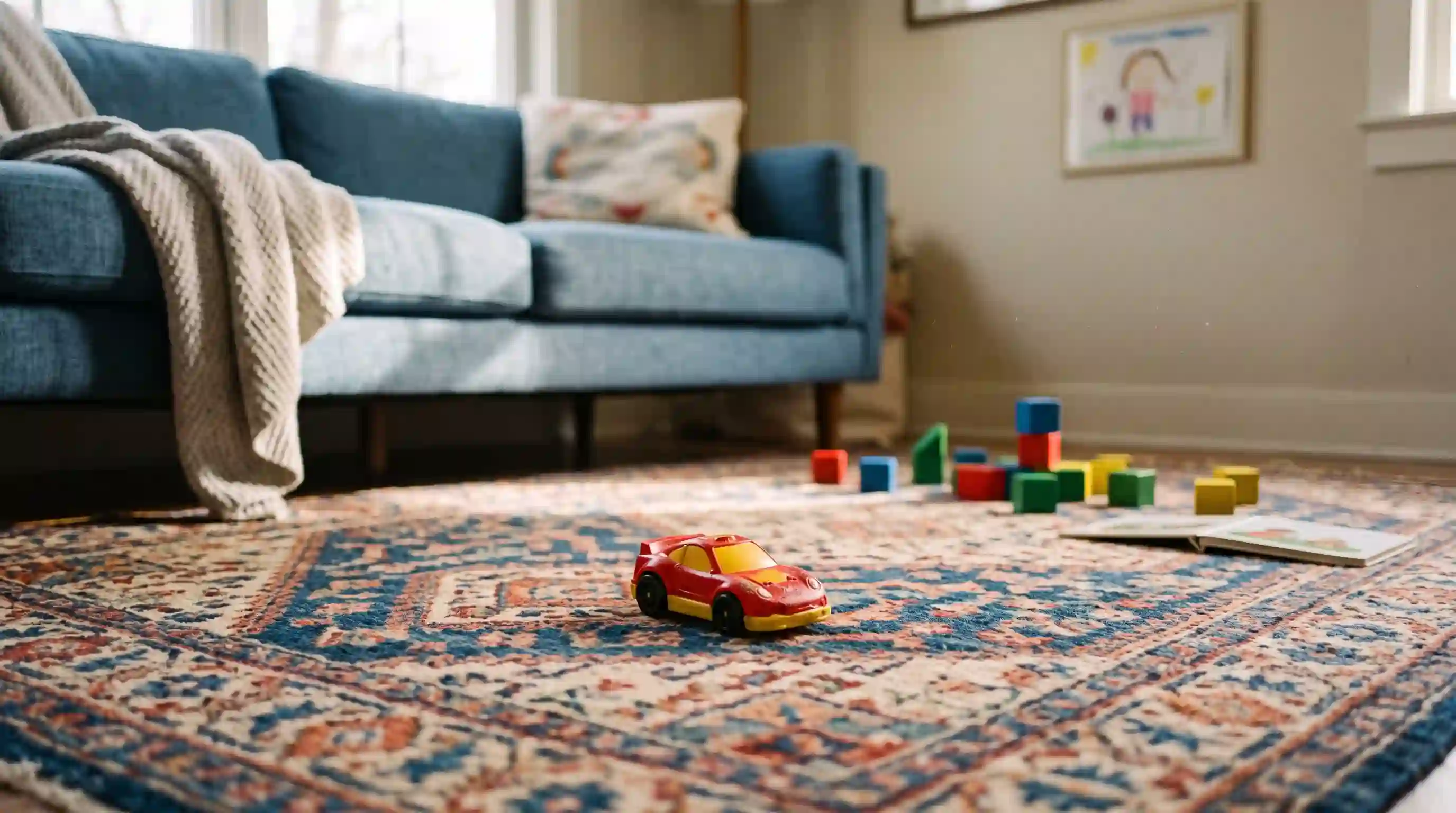 A close-up of a small, brightly colored toy car abandoned on a living room rug.
