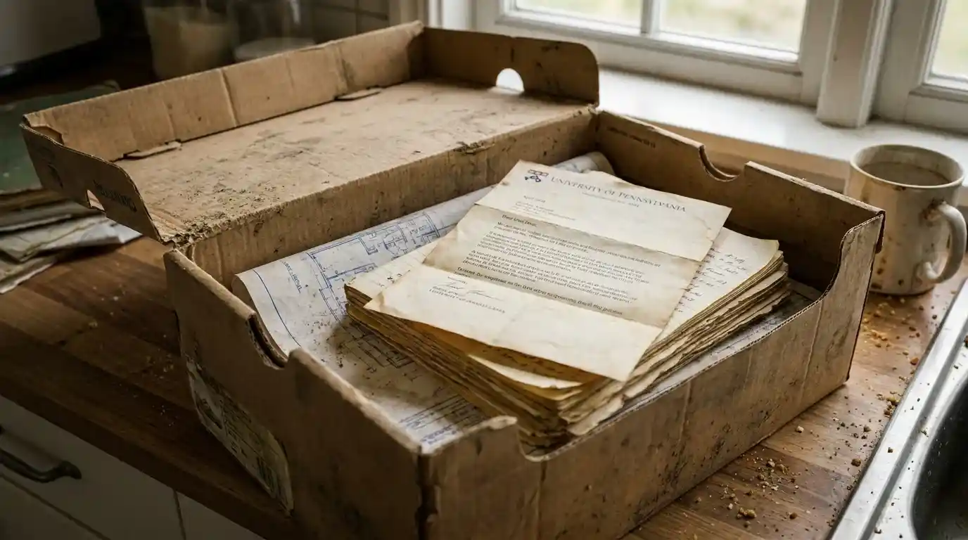 Old dusty shoebox containing faded blueprints, journals, and a college letter