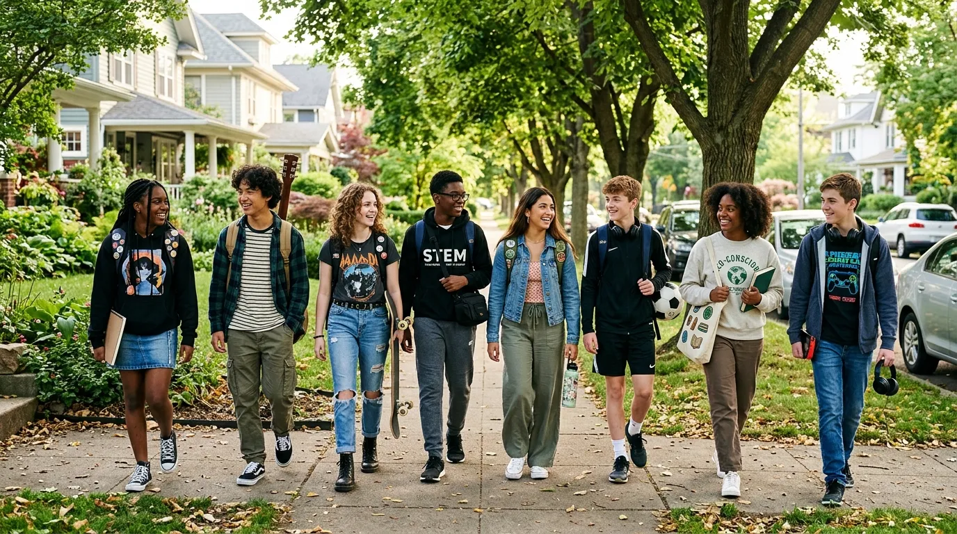 Eight teenagers walking outside with backpacks, showing their unique personalities