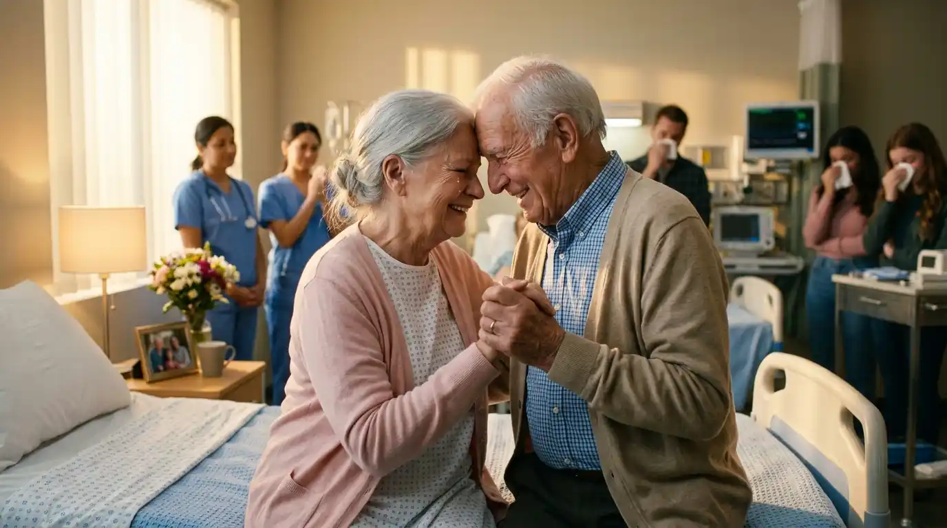 An elderly man and woman sharing a tender, emotional slow dance in a hospital room.