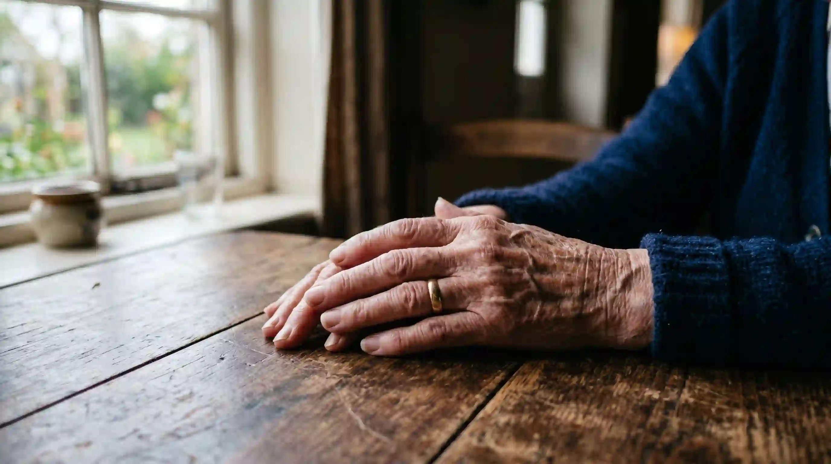 An elderly woman's hands resting on a table by a window, bathed in soft light