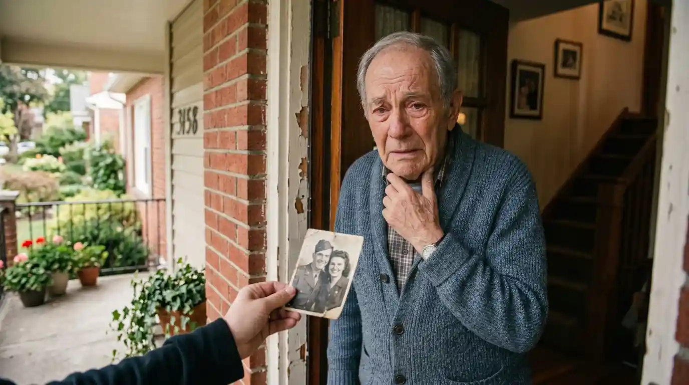 An elderly man standing in a doorway, looking emotionally shocked at a vintage photograph.