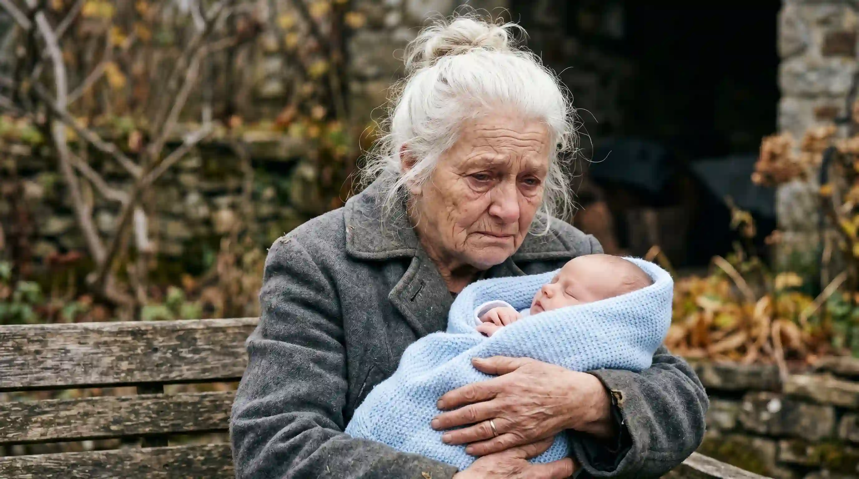 An elderly woman in a worn gray coat holding a baby in a blue blanket