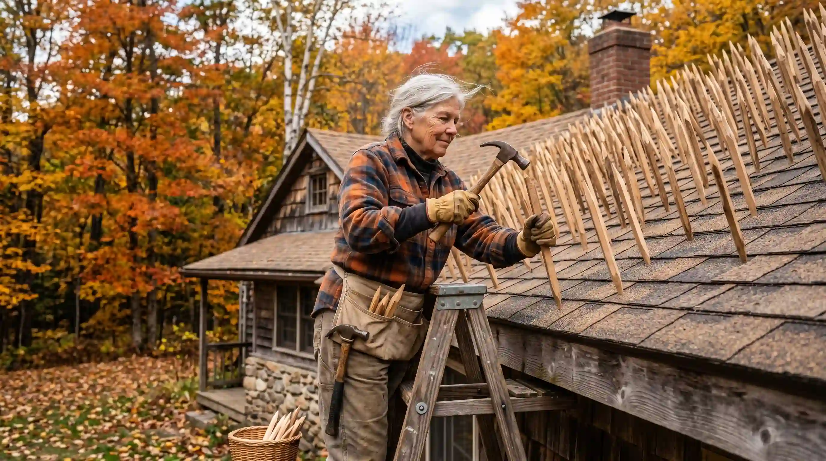 Elderly woman carefully hammering long wooden stakes into her roof during autumn