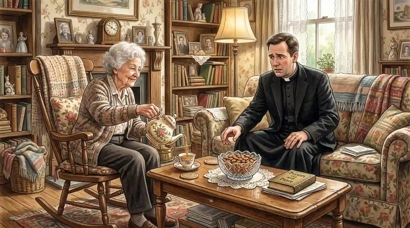 A priest sitting in a cozy living room reaching for a bowl of almonds while an elderly woman smiles.