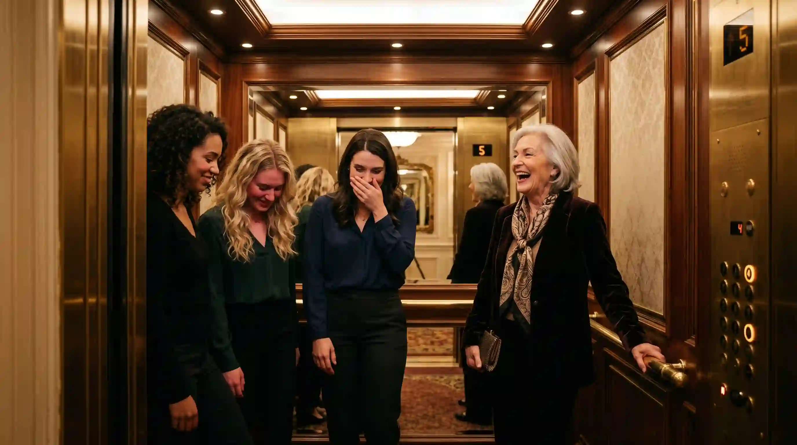 Women standing in a hotel elevator