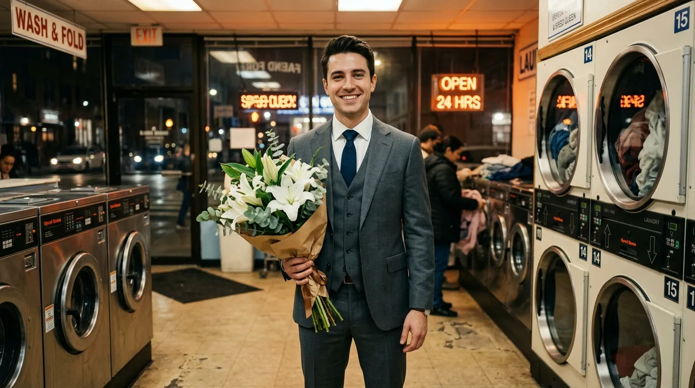 A healthy young man in a neat suit standing in a laundromat holding a bouquet of white lilies.