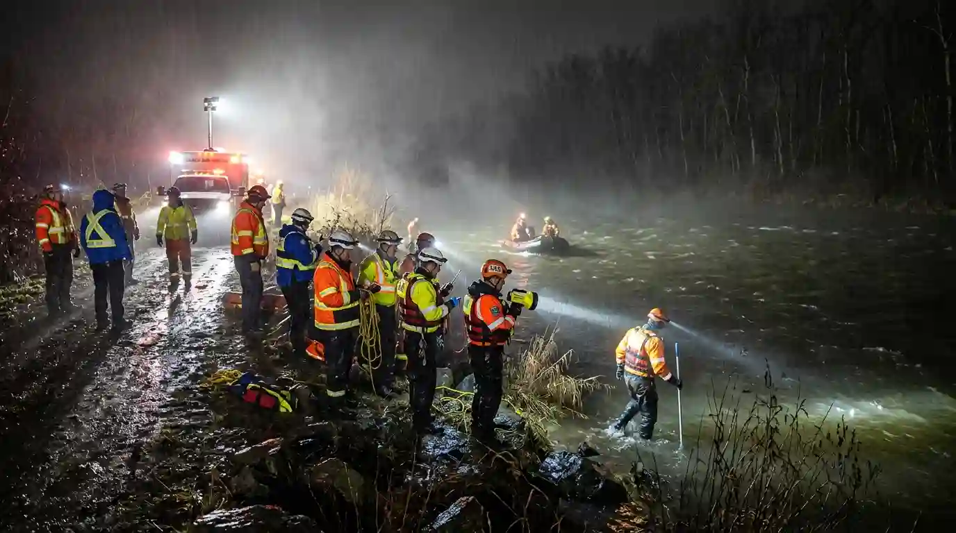 Rescue workers and volunteers shining bright flashlights across a dark, foggy river during a night search.