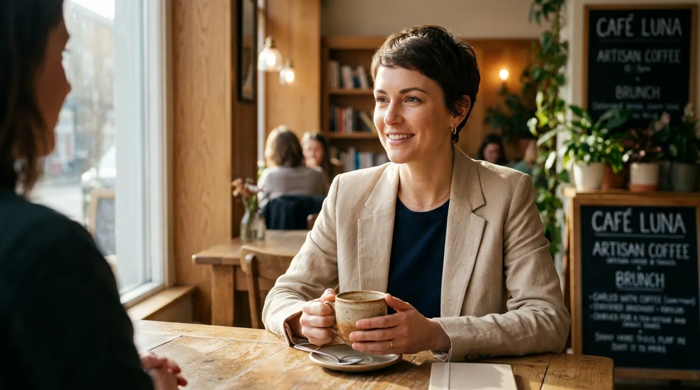 Emma sitting calmly at a cafe holding a coffee mug, demonstrating comfort in silence.
