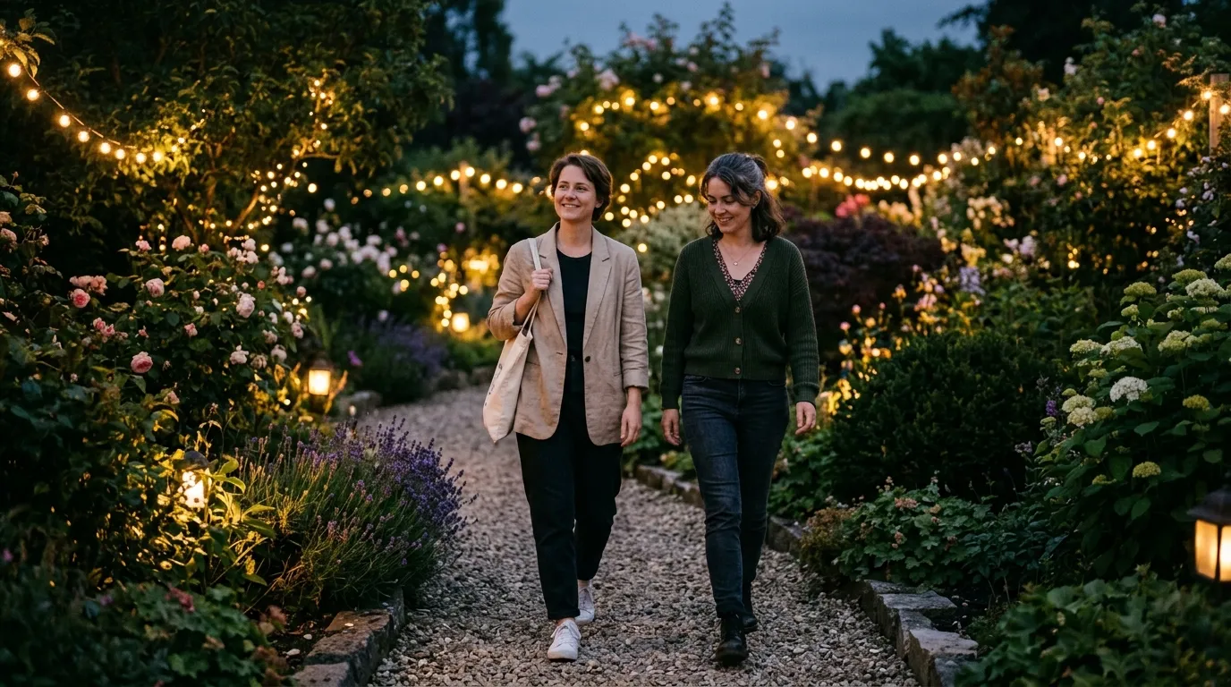 Emma and a friend sharing a comfortable, peaceful silence while walking in an evening garden.