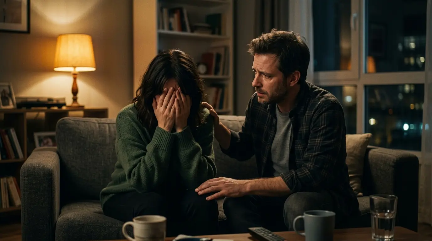 Wife crying on the couch while husband comforts her