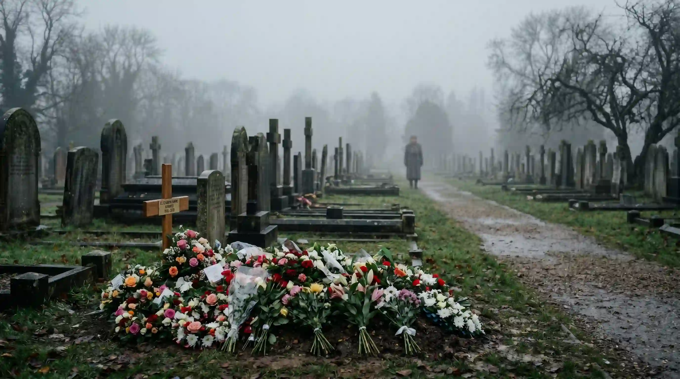A moody, fog-covered cemetery with a fresh gravesite in the foreground