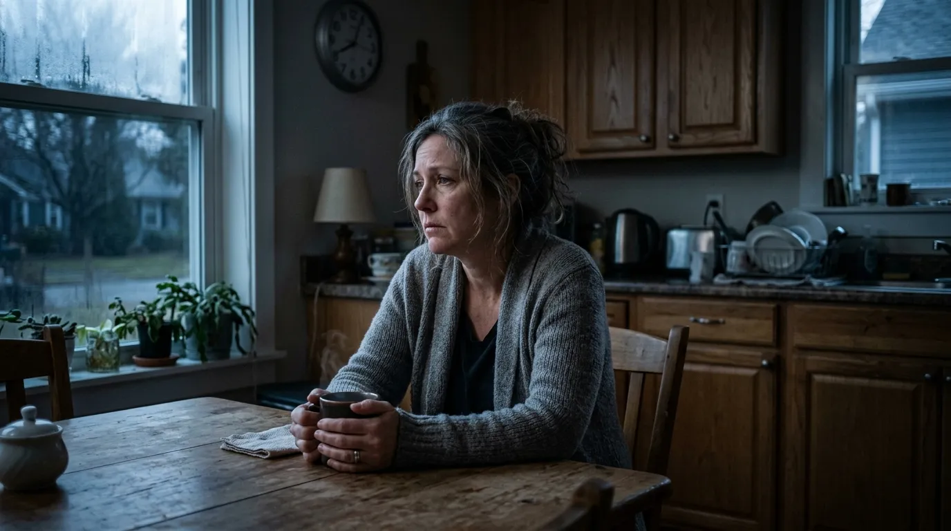 A grieving woman sitting alone at a kitchen table holding a coffee mug
