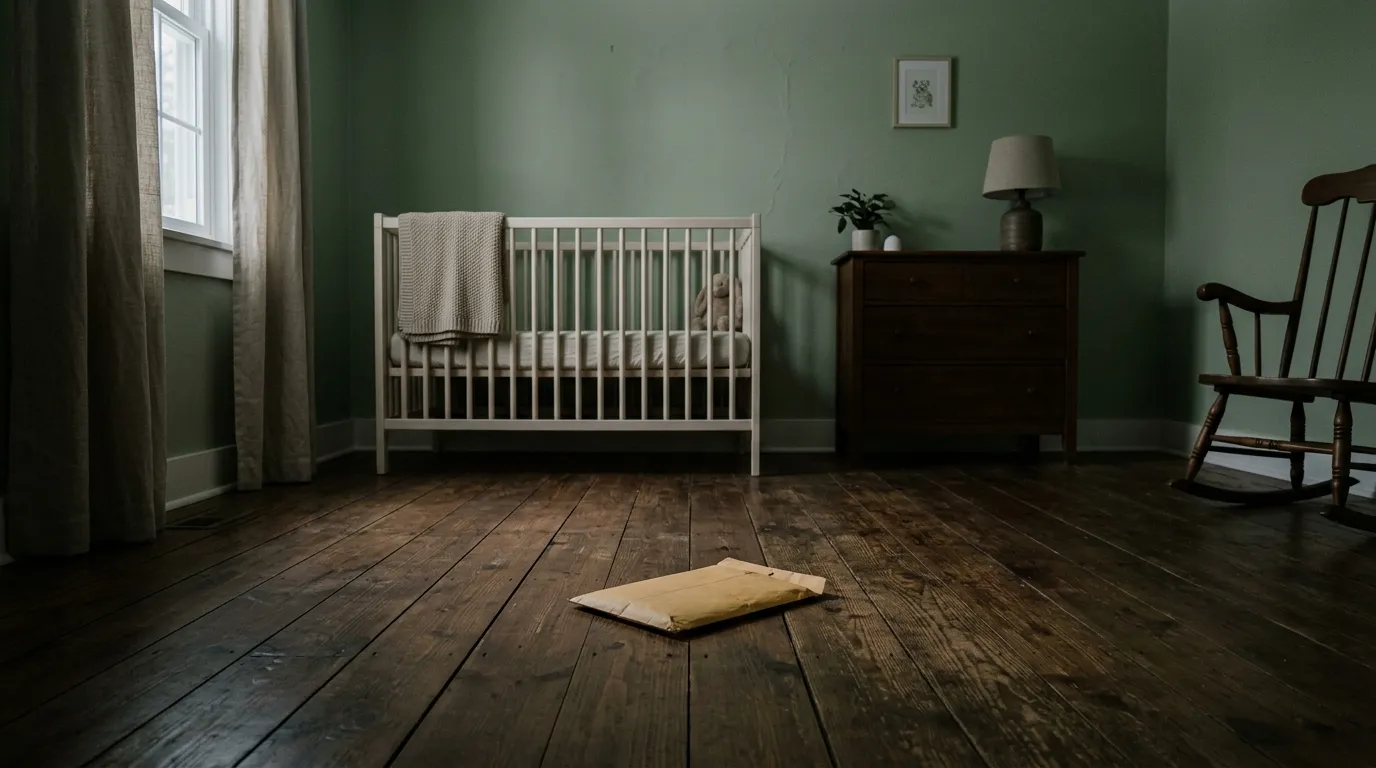 An empty sage green nursery with a single manila envelope on the wooden floor