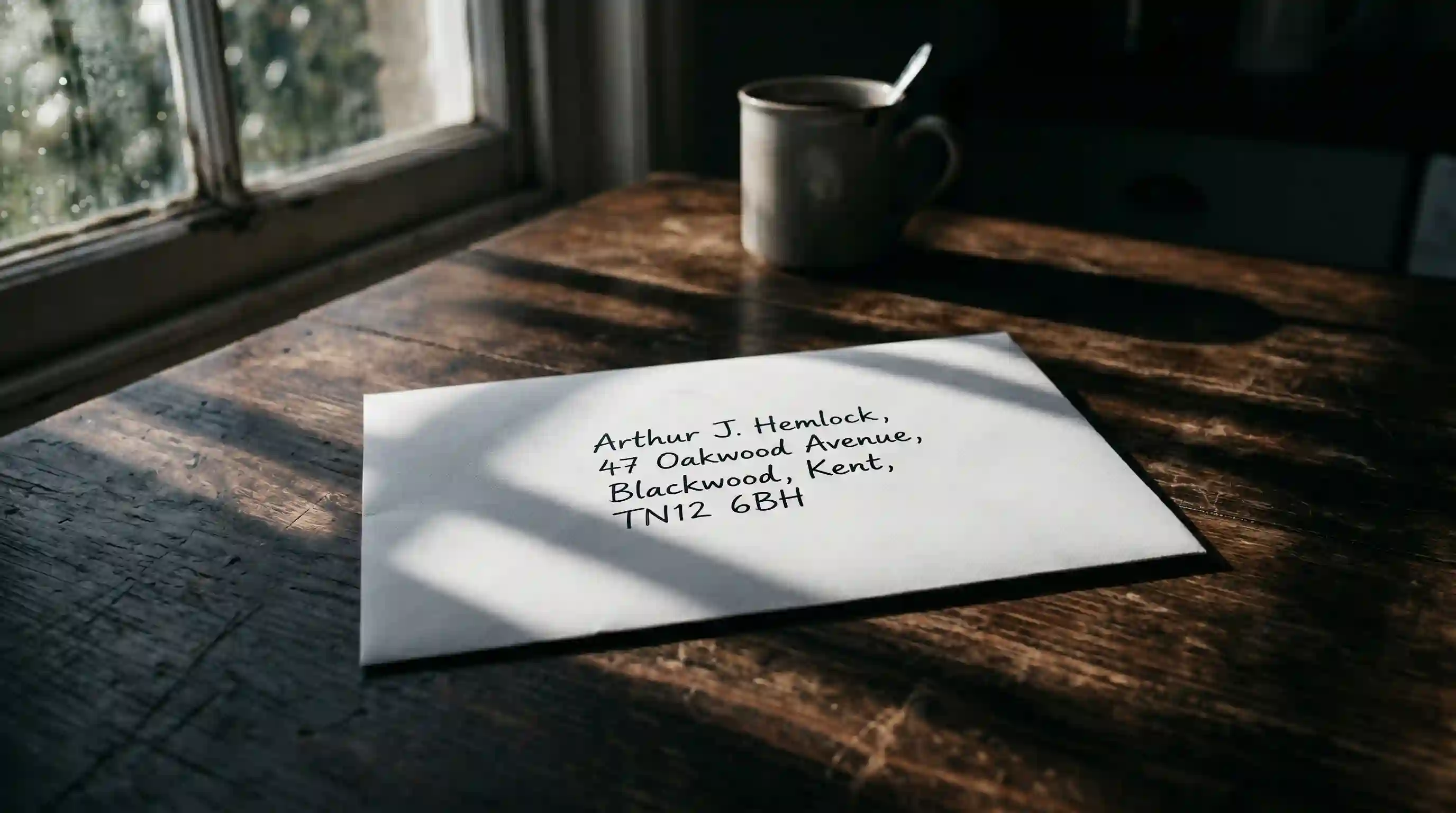 A single white envelope sitting on a dark wooden table in morning light