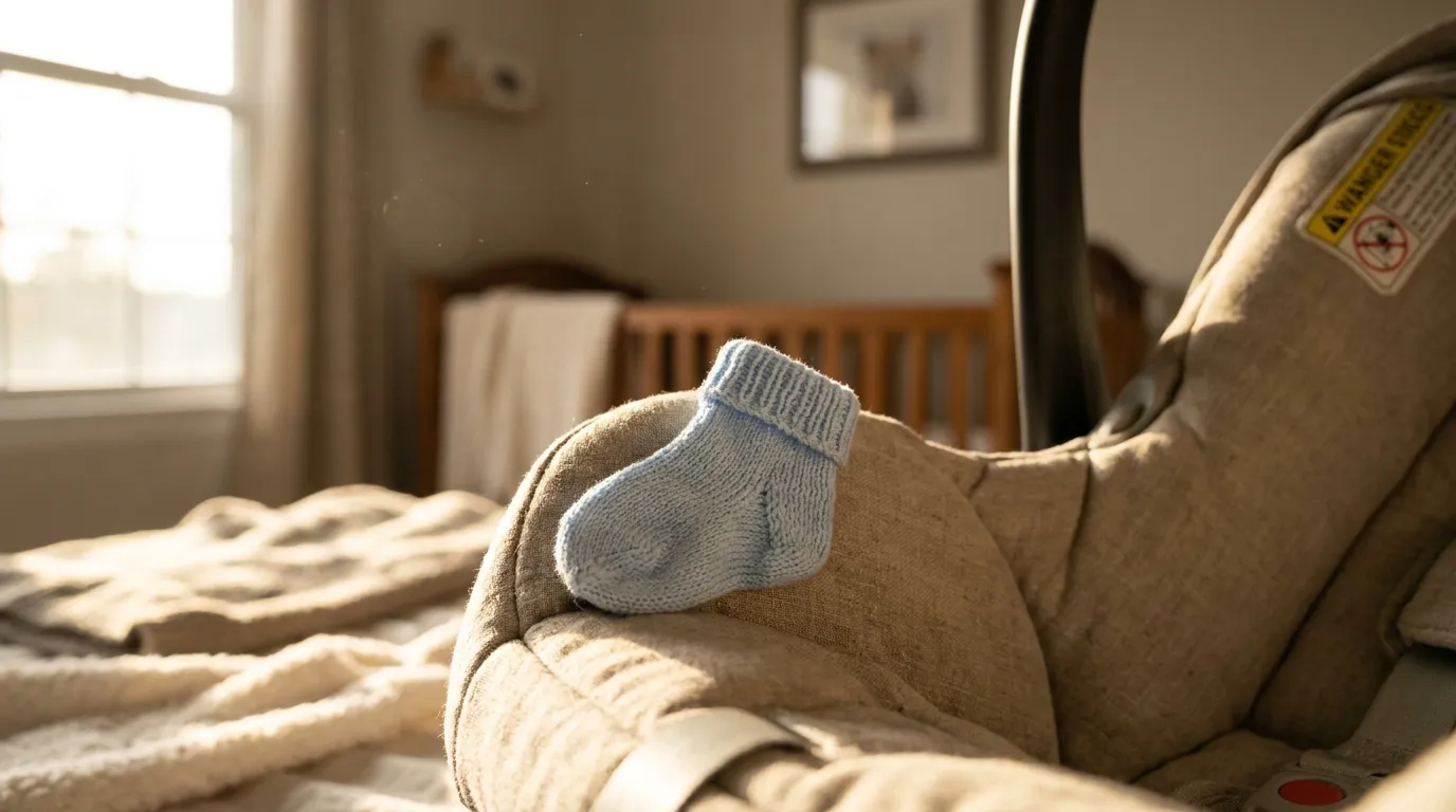 Tiny blue baby sock on a damp hospital car seat