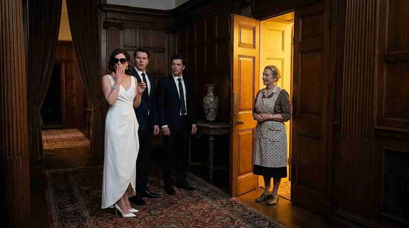 Housekeeper confronting wealthy traitors in a mansion