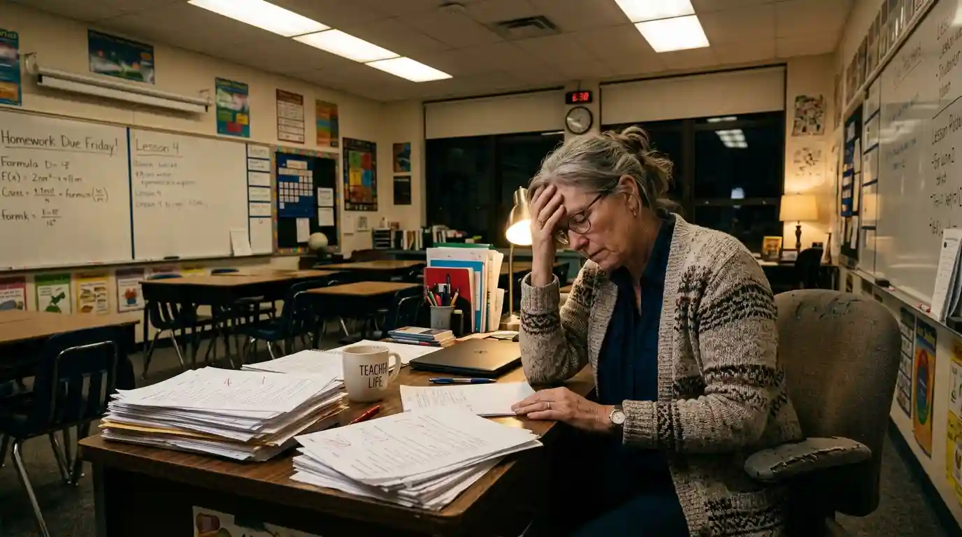 Exhausted older teacher sitting alone at her desk in a classroom after hours
