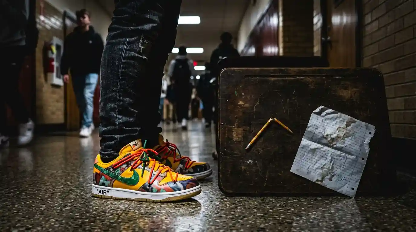 Expensive designer sneakers contrasted with an empty school desk lacking a pencil