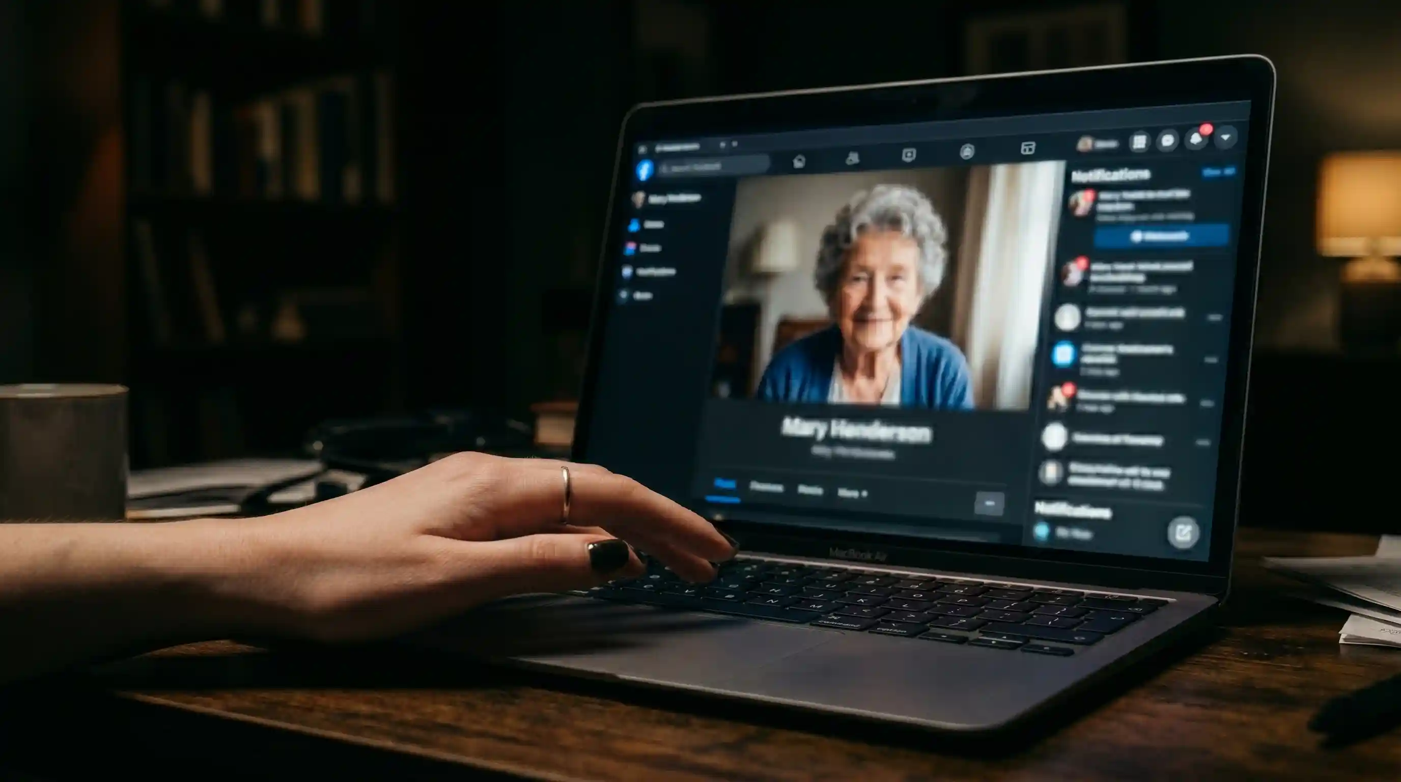 A younger woman looking at a laptop screen showing an elderly woman's profile