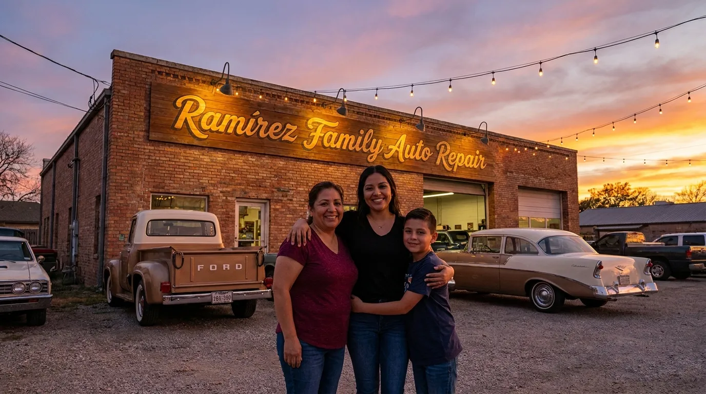 A newly painted sign for Ramírez Family Auto Repair with the family standing proudly underneath.