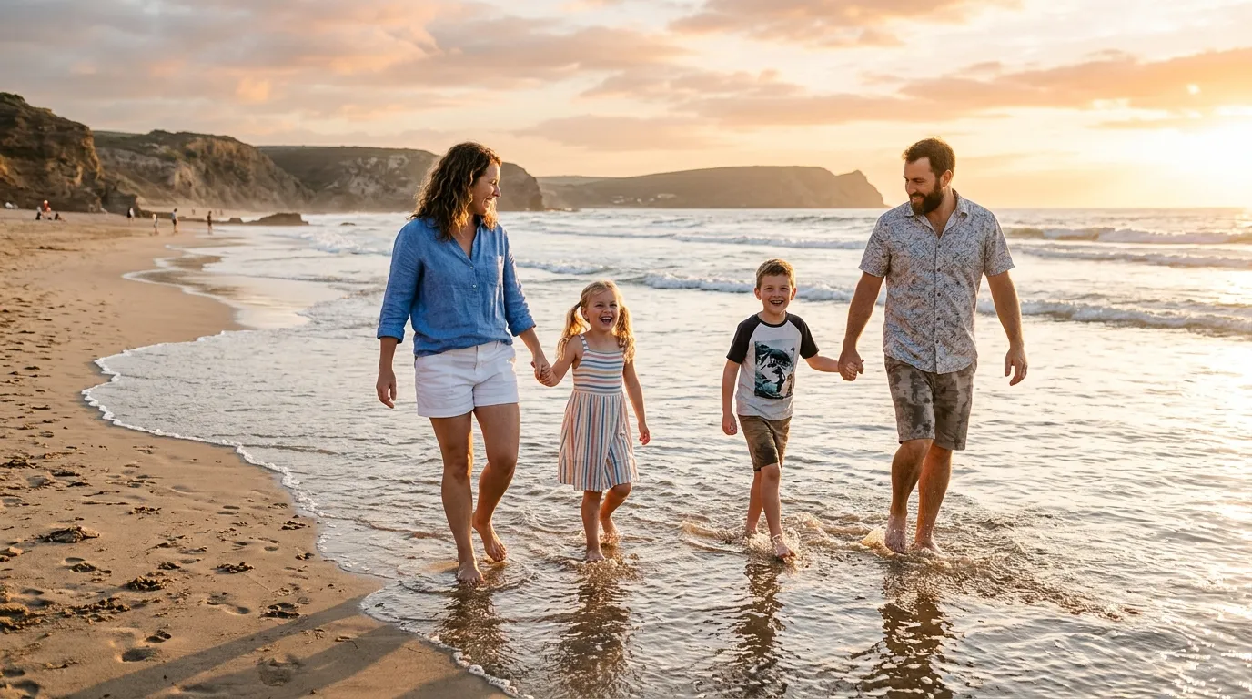 A family happily shuffling their feet in the shallow water along the shoreline
